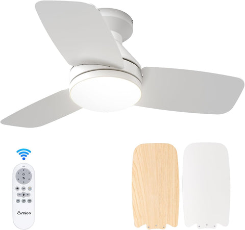 Ceiling Fans with Lights, 30 inch Low Profile Ceiling Fan with Light and Remote Control, Flush Mount, Reversible, 3CCT, Dimmable, Noiseless, White Ceiling Fan for Bedroom, Indoor/Outdoor Use