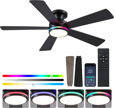 46In RGB Ceiling Fans with Lights - Black Flush Mount Ceiling Fan Light with Remote/APP, RGB+3CCT 6 Wind Speeds, Modern Low Profile Fan Light Fixture for Party, Kid's Room