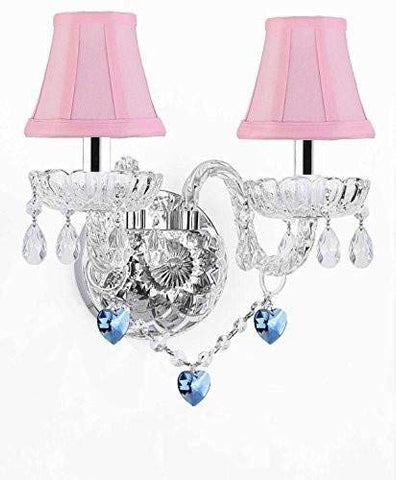 Swarovski Crystal Trimmed Wall Sconce Lighting with Crystal Blue Hearts w/Chrome Sleeves - Perfect for Kids and Girls Bedrooms with Shades - G46-B43/PINKSHADES/B85/2/386 SW