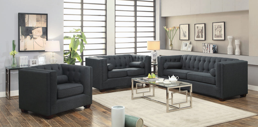 Set of 3 - Cairns Tuxedo Arm Tufted Sofa + Loveseat + Chair Charcoal - D300-10043