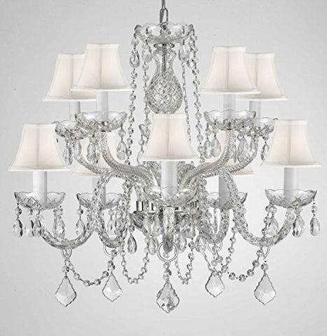 Swarovski Crystal Trimmed Chandelier Crystal Chandelier Lighting With White Shades H 25" X W 24" - G46-Whiteshades/Cs/1122/5+5 Sw