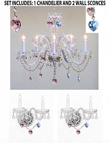 3Pc Lighting Set - Crystal Chandelier And 2 Wall Sconces W/ Blue And Pink Crystal Hearts - 1Ea-B85/B21/387/5 + 2Ea-B85/B21/2/386