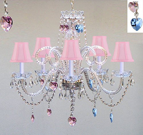 Chandelier Lighting W/ Crystal Pink Shades & Blue And Pink Hearts H25" X W24" - Perfect For Kid'S And Girls Bedroom - Go-A46-Pinkshades/B85/B21/387/5