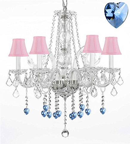 Crystal Chandelier Chandeliers Lighting With Blue Crystal Hearts And Pink Shades H25" X W24" - G46-Pinkshades/B85/385/5
