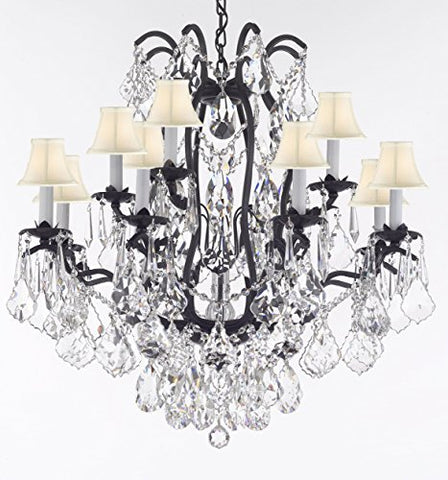 Wrought Iron Crystal Chandelier Lighting Dressed With Diamond Cut Crystal Good For Dining Room Foyer Entryway Family Room Bedroom Living Room And More H 30" W 28" 12 Lights - A83-B91/Whiteshades/3034/8+4Dc