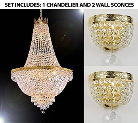 Set Of 3 - 1 French Empire Crystal Chandelier Lighting H30" X W24" And 2 Empire Crystal Wall Sconce Lighting W 9.5" H 9" D 5" - 1Ea-870/9 + 2Ea-Wallscone/3/3 Gd W/C