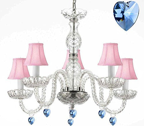 Murano Venetian Style Chandelier Lighting With Blue Crystal Hearts And Pink Shades H 25" W 24" - Perfect For Kid'S And Girls Bedrooms - G46-Pinkshades/B85/B11/384/5