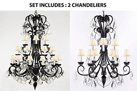 Set Of 2 - 1-Wrought Iron Chandelier 50" Inches Tall With Crystal And With White Shades H50" X W30" And Empress Crystal (Tm) Chandelier 30" Inches Tall With Crystal And White Shades H 30" X W 26" - 1Ea-B12/724/24+1Ea-B12/724/6+3-Whtshd