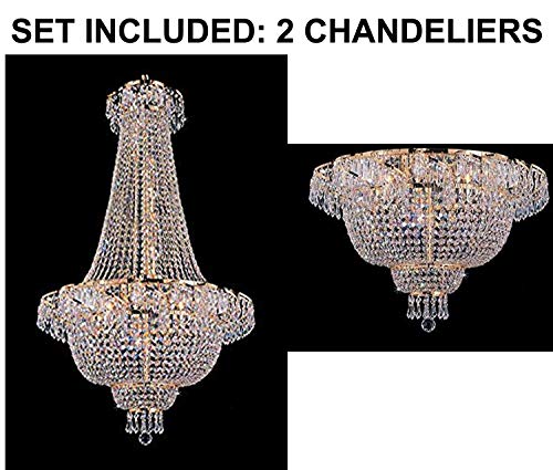 Set of 2-1 French Empire Crystal Gold Chandelier Lighting - Great for The Dining Room, Foyer, Entry Way, Living Room - H50" X W24" and 1 Flush French Empire Crystal Chandelier Lighting 19.5" X 24" - 1EA C7/928/9 + 1EA FLUSH/CG/928/9