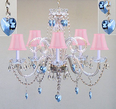 Chandelier Lighting W/ Crystal Pink Shades & Hearts H25" X W24" - Perfect For Kid'S And Girls Bedroom - Go-A46-Pinkshades/B85/387/5/Pinkhearts