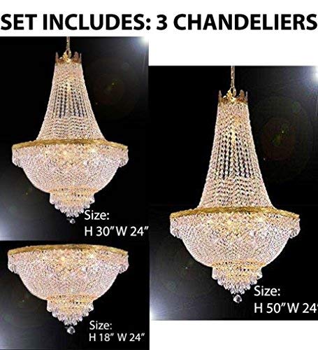 Set of 3-1 French Empire Crystal Chandelier Lighting H50 X W24 & 1 French Empire Crystal Chandelier Lighting H30 X W24 & 1 French Empire Crystal Semi Flush Chandelier Chandeliers Lighting H18 X W24 - 1EA C7/CG/870/9+1EA 870/9+1EAFLUSH/870/9 A500-