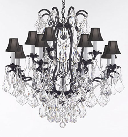 Wrought Iron Crystal Chandelier Lighting Dressed With Diamond Cut Crystal Good For Dining Room Foyer Entryway Family Room Bedroom Living Room And More H 30" W 28" 12 Lights - A83-B91/Blackshades/3034/8+4Dc