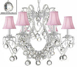 Swarovski Crystal Trimmed Chandelier White Wrought Iron Crystal Chandelier Lighting H 19" W 20" Dressed With Feng Shui 40Mm Crystal Balls And Pink Shades - A83-Pinkshadesb6/White/3530/6 Sw