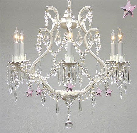 Wrought Iron & Crystal Chandelier Authentic Empress Crystal(Tm) Chandelier With Pink Stars Nursery Kids Girls Bedrooms Kitchen Etc. - A83-White/B38/3530/6
