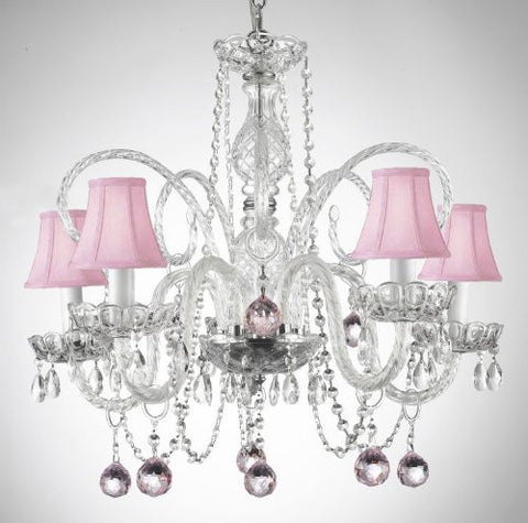 Crystal Chandelier Lighting With Pink Shades And Pink Crystal Balls - A46-Sc/B3/385/5 - Pink Balls&Shades