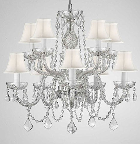 Crystal Chandelier Lighting With White Shades H 25" X W 24" - G46-Whiteshades/Cs/1122/5+5