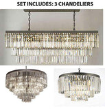 Set of 3-1 Palladium Empress Crystal (tm) Glass Fringe Chandelier and 1 Retro Palladium Glass Fringe Rectangular Chandelier and 1 Palladium Crystal Glass Fringe 3-Tier Chandelier - 1EA 1157/17B + 1EA 1156/12 + 1EA 1100