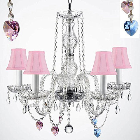 Authentic Empress Crystal(Tm) Chandelier Lighting Chandeliers With Blue And Pink Crystal Hearts And Pink Shades H25" X W24" - G46-Pinkshades/B85/B21/384/5