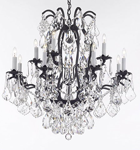Wrought Iron Crystal Chandelier Lighting Dressed With Diamond Cut Crystal Good For Dining Room Foyer Entryway Family Room Bedroom Living Room And More H 30" W 28" 12 Lights - A83-B91/3034/8+4Dc