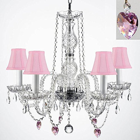 Authentic Empress Crystal(Tm) Chandelier With Crystal Hearts And Pink Shades H25" X W24" - G46-Pinkshades/B21/384/5