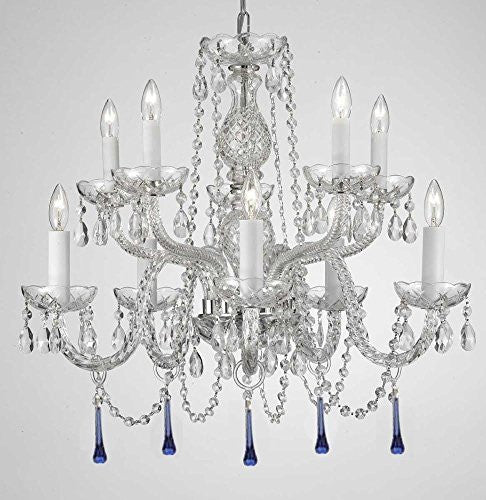 Murano Venetian Style All Crystal Chandelier Lighting W/ Blue Crystals H 25" X W 24" - G46-BLUEDROPS/1122/5+5