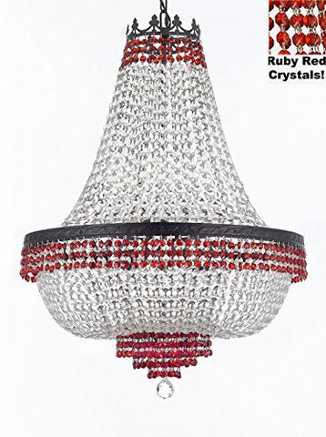 French Empire Crystal Chandelier Chandeliers Lighting Trimmed With Ruby Red Crystal With Dark Antique Finish H30" X W24" Good For Dining Room Foyer Entryway Family Room And More - F93-B74/Cb/870/9