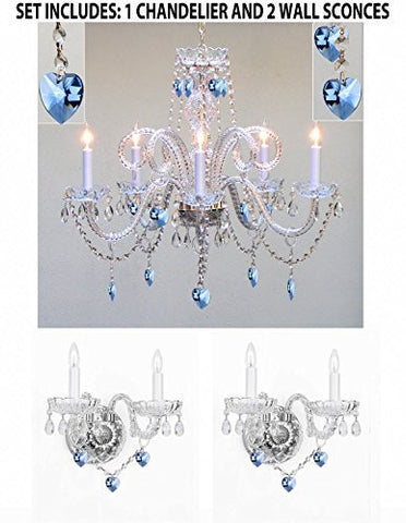 Three Piece Lighting Set - Crystal Chandelier And 2 Wall Sconces W/ Blue Crystal Hearts - 1Ea-B85/387/5 + 2Ea-B85/2/386