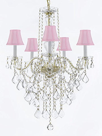Murano Venetian Style All-Crystal Chandelier Lighting With Pink Shades H30" X W24" - G46-Sc/Pinkshade/Cg/3/384/5