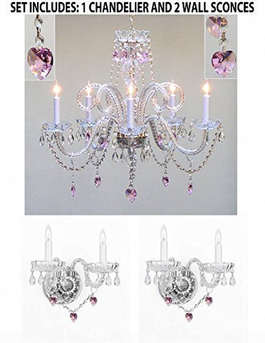Three Piece Lighting Set - Crystal Chandelier And 2 Wall Sconces W/ Pink Crystal Hearts - B21/387/5+2Ea B21/2/386