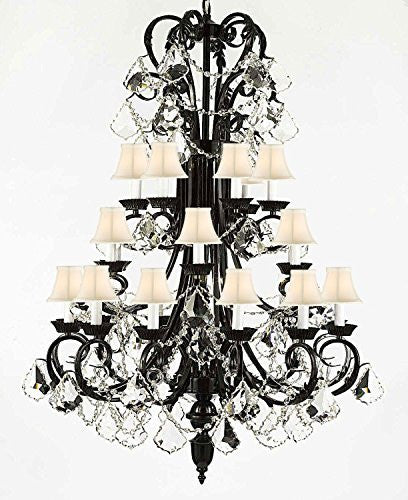 Foyer / Entryway Wrought Iron Chandelier 50" Inches Tall With Crystal With Shades H50" X W30" - A84-Whiteshades/B13/724/24