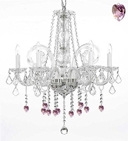 Crystal Chandelier Lighting With Pink Crystal Hearts H25" X W24" - G46-B21/385/5