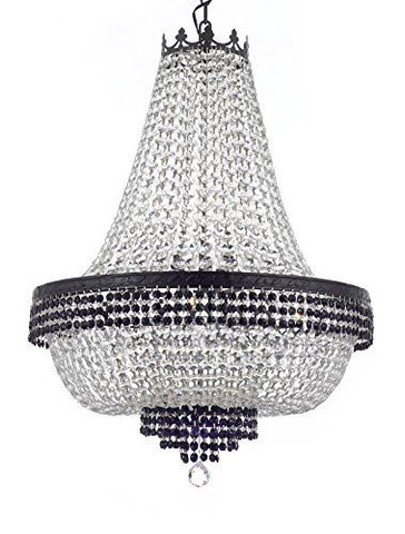 French Empire Crystal Chandelier Chandeliers Lighting Trimmed With Jet Black Crystal With Dark Antique Finish H30" X W24" Good For Dining Room Foyer Entryway Family Room And More - F93-B87/Cb/870/9