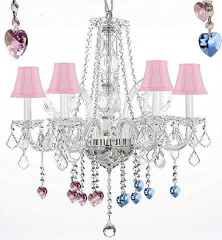 Crystal Chandelier Chandeliers Lighting With Blue And Pink Crystal Hearts And Pink Shades H25" X W24" - G46-Pinkshades/B85/B21/385/5