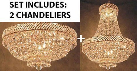 Set Of 2 - French Empire Crystal Chandelier Lighting H26" X W23" + French Empire Crystal Flush Chandelier Lighting H 16" W 23" - Good For The Dining Room Foyer Hallway Bedroom Kitchen - 1Ea-F93-448/9+1Ea-F93-Flush/448/9