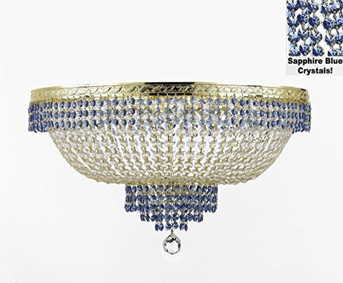 Flush French Empire Crystal Chandelier Lighting Trimmed With Sapphire Blue Crystal Good For Dining Room Foyer Entryway Family Room And More H18" X W24" - F93-B83/Cg/Flush/870/9