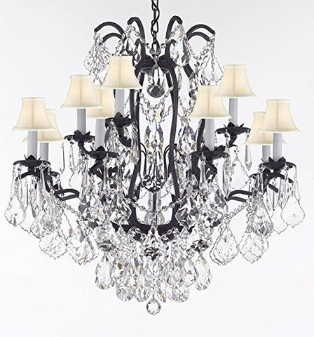 Wrought Iron Crystal Chandelier Lighting Dressed With Diamond Cut Crystal Good For Dining Room Foyer Entryway Family Room Bedroom Living Room And More H 36" W 36" 15 Lights - A83-B91/Whiteshades/3034/10+5Dc
