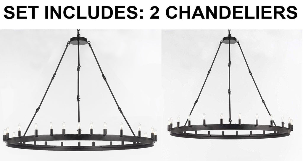 Set of 2-1 Wrought Iron Vintage Barn Metal Castile One Tier Chandelier Industrial Loft Rustic Lighting W 63" H 49" and 1 Wrought Iron Vintage Barn Metal Castile One Tier Chandelier W 50" H 48" - 1EA G7-3428/30 + 1EA G7-3428/24