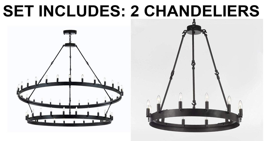 Set of 2-1 Wrought Iron Vintage Barn Metal Castile Two Tier Chandelier W 63" H 60" and 1 Wrought Iron Vintage Barn Metal Castile One Tier Lighting W 26" H 27" Great for The Living Room, Foyer and Entryway, More - 1EA G7-3428/54 + 1EA G7-3428/12