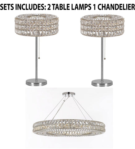 Set of 3 - 2 Crystal Nimbus Ring Modern / Contemporary Table Lamp Lighting H 28" W15" & 1 Crystal Nimbus Ring Chandelier Modern / Contemporary Lighting Pendant 44" Wide - Good for Dining Room! - 2 EA TL/3063/3 + 1 EA 3063/17