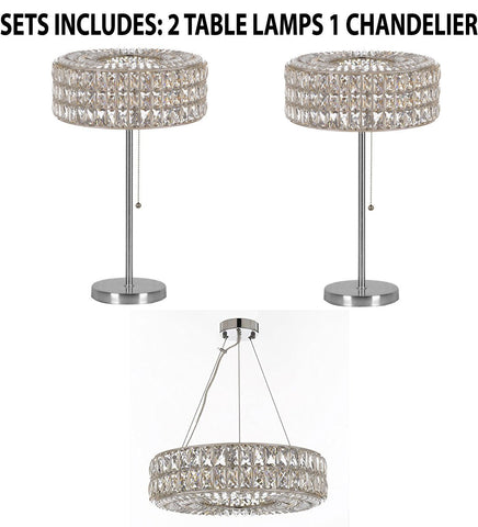 Set of 3 - 2 Crystal Nimbus Ring Modern / Contemporary Table Lamp Lighting H 28" W15" & 1 Crystal Nimbus Ring Chandelier Modern / Contemporary Lighting Pendant 20" Wide - Good for Dining Room! - 2 EA TL/3063/3 + 1 EA 3063/8