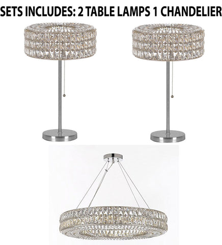 Set of 3 - 2 Crystal Nimbus Ring Modern / Contemporary Table Lamp Lighting H 28" W15" & 1 Crystal Nimbus Ring Chandelier Modern / Contemporary Lighting Pendant 32" Wide - Good for Dining Room! - 2 EA TL/3063/3 + 1 EA 3063/12