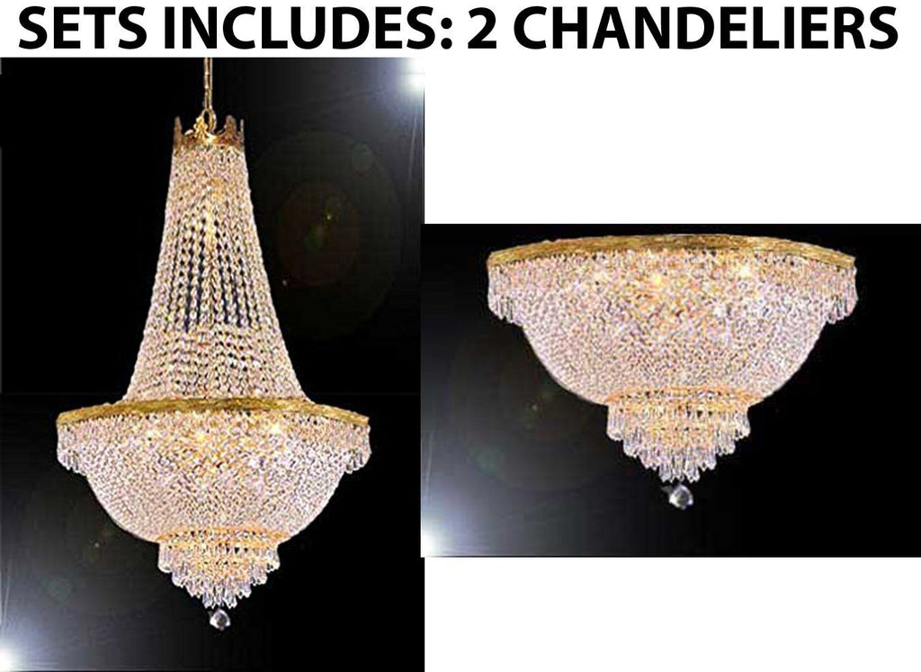 Set of 2 - 1 French Empire Crystal Chandelier Lighting -Great for the Dining Room, Foyer, Entry Way, Living Room! H50" X W24" and 1 French Empire Crystal Semi Flush Chandelier Lighting H18" X W24" - 1EA C7/CG/870/9 + 1EA FLUSH/870/9 A500-