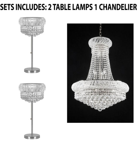 Set of 3 - 2 Crystal Halo Modern / Contemporary Floating Orb Table Lamp Lighting With Crystal Balls - H 28" W15" and 1 French Empire Crystal Chandelier Chandeliers H32" X W24" - Good for Dining Room! - 2EA TL/541/3 + 1EA SILVER/542/15