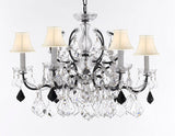 Swarovski Crystal Trimmed Chandelier 19th C. Baroque Iron & Crystal Lighting- Dressed with Jet Black Crystals Great for Kitchens, Bathrooms, Closets, & Dining Rooms H 25" x W 26" w/White Shades - G83-B97/WHITESHADES/994/6SW