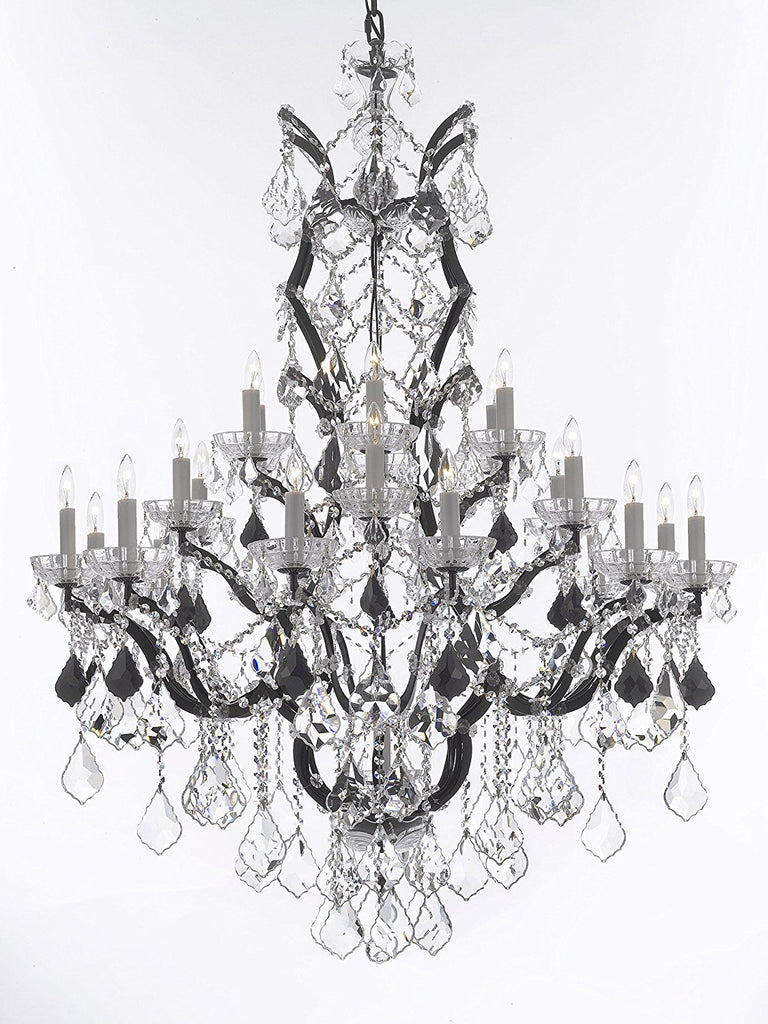 Swarovski Crystal Trimmed Chandelier 19th C. Baroque Iron & Crystal Chandelier Lighting Dressed with Jet Black Crystals H 52" x W 41" - Great for the Dining Room, Foyer, Entry Way, Living Room - G83-B97/996/25SW