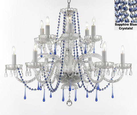 AUTHENTIC ALL CRYSTAL CHANDELIER CHANDELIERS LIGHTING WITH SAPPHIRE BLUE CRYSTALS PERFECT FOR LIVING ROOM, DINING ROOM, KITCHEN H32" W27" - A46-B82/387/6+6
