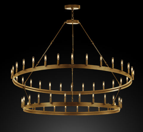 Wrought Iron Vintage Barn Metal Castile Two Tier Chandelier Industrial Loft Rustic Lighting W 63" H 60" in a Brushed Brass Finish Great for The Living Room, Dining Room, Foyer and Entryway, Family Room, and More - G7-CG/3428/54